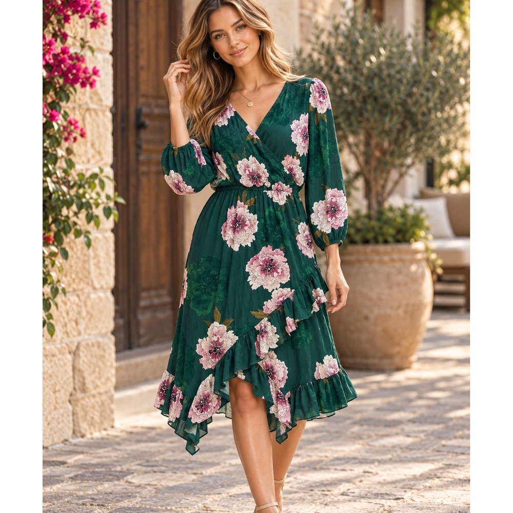 Tracy Reese Dress Women Medium Green Floral Boho Ruffle Faux Wrap X410B77A